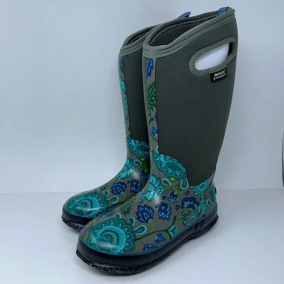 Bogs Womens Classic Winter Blooms Boots Blue Gray Floral Mid Calf Pull On 6 New